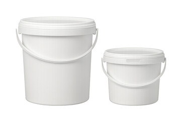 Two white plastic buckets with lids on transparent background