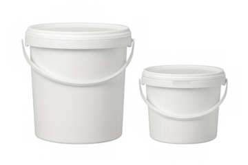 Two white plastic buckets with lids on transparent background