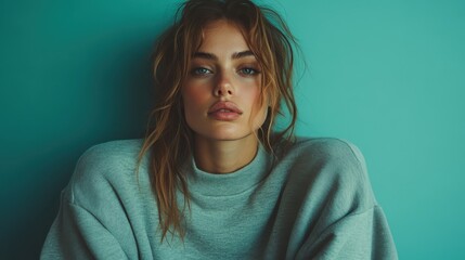 Fototapeta premium A beautiful portrait of a young woman with natural beauty, exuding charm and laid-back elegance against a soothing turquoise background, encapsulating modern beauty standards.