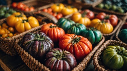 Fresh heirloom tomatoes in various colors fill woven baskets at a bustling farmers market. Local farmers showcase their produce on a sunny afternoon, attracting eager shoppers.