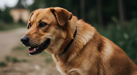 A close up of a light brown dog with a black collar looking to the side in an outdoor setting blur