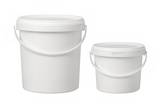 Two white plastic buckets with lids on transparent background
