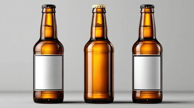 Three empty brown glass beer bottles sit upright on a neutral surface, showcasing a minimalist design. They have blank labels for customizable branding and a modern appearance.