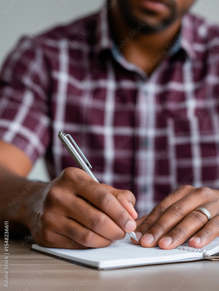 Poster man writing notes in a notebook during a focused work session indoors