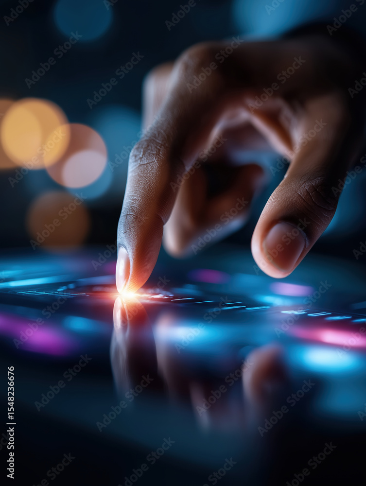 Poster fingers interacting with bright digital display in a modern tech environment