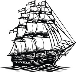Classic Tall Ship Sailing on Waves - Black and White Vector Graphic.