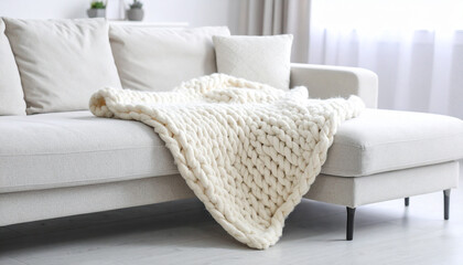 Cozy Throw Blanket Folded Neatly on Sofa in Modern Living Room Interior