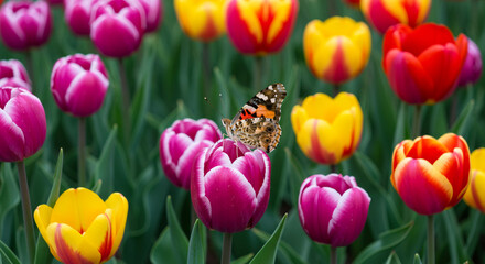 A butterfly rests atop a vibrant pink tulip surrounded by a colorful tulip field in full bloom
