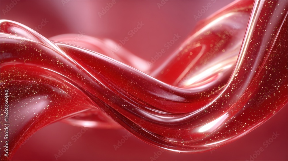 Poster a vibrant red substance twists and swirls smoothly, capturing light and reflecting sparkles. the flo