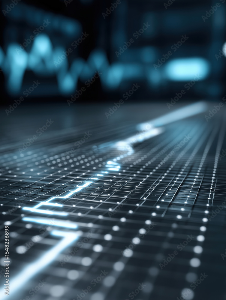 Poster visual representation of digital data trends captured in a modern workspace