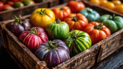 Vibrant heirloom tomatoes are organized in wooden crates at a farmers market. Varieties include striped, round, and multi-colored tomatoes, showcasing the bounty of late summer.