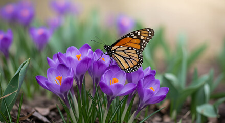 Monarch butterfly perched on purple crocus flowers in a garden during a bright spring day outdoors