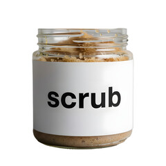 A clear jar filled with a brown scrub product. The jar has a white label with the word 'scrub' printed in bold black letters. The background is transparent.