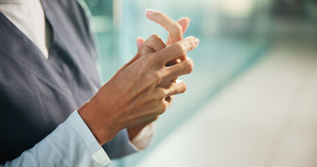 Hands, wrist pain and woman in clinic, nurse and inflammation with carpal tunnel syndrome. Closeup,...