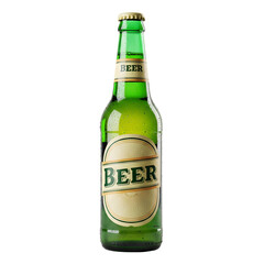 Green glass beer bottle with a label reading 'Beer'. The bottle is isolated on a transparent background, showcasing its shape and design.