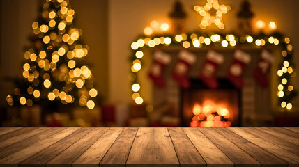 Wooden foreground plane with bokeh-blurred background featuring luminous Christmas tree and fireplace, displaying light diffusion and shallow depth of field.