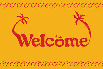 Wavy frame with Wecome text, red palms on yellow background. Vector set of palms for wedding invitations and greeting card design, Hawaiian concept, Summer concept,	