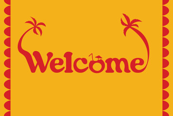 Wavy frame with Wecome text, red palms on yellow background. Vector set of palms for wedding invitations and greeting card design, Hawaiian concept, Summer concept,	
