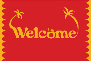 Wavy frame with Wecome text, yellow palms on red background. Vector set of palms for wedding invitations and greeting card design, Hawaiian concept, Summer concept,	