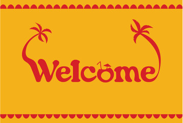 Red frame with Wecome text, palms on yellow background. Vector set of palms for wedding invitations and greeting card design, Hawaiian concept, Summer concept
