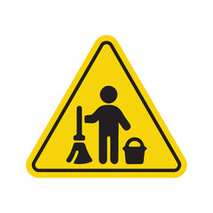 cleaning warning sign with person holding broom and bucket inside yellow triangle symbol