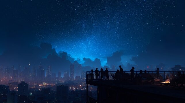 Silhouetted group enjoys night sky and cityscape from rooftop deck