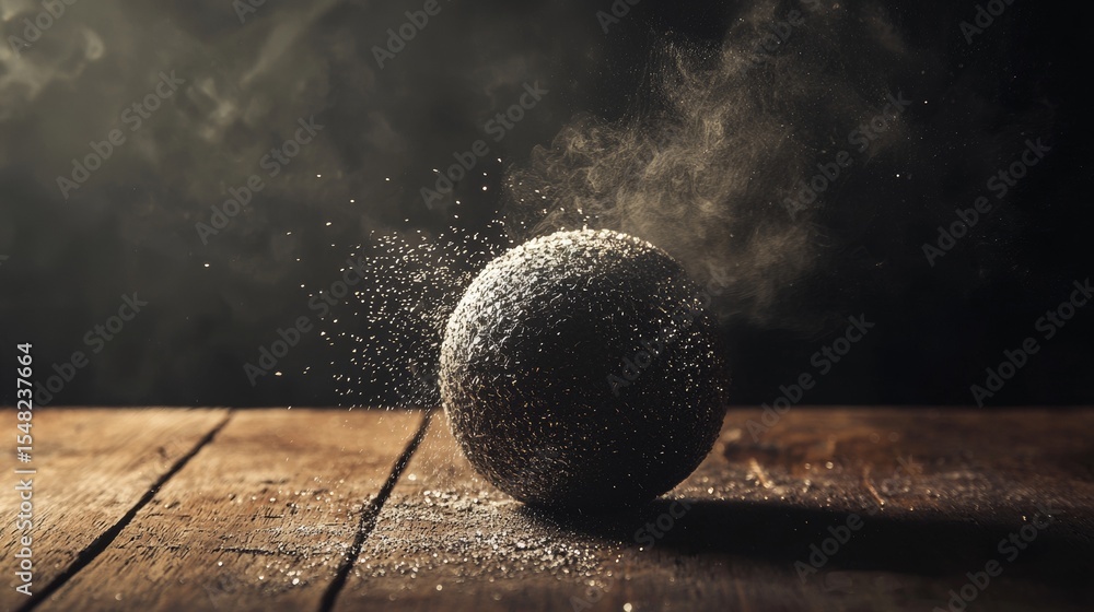 Poster dark textured ball on rustic wooden table in dusty dramatic light mysterious minimalist artistic com