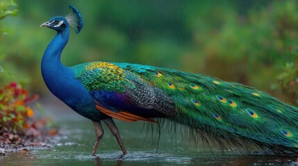 Obraz premium A vibrant peacock with rich blue and green plumage strolls through a lush garden. The ground glistens from recent rain, enhancing the bird's striking colors under the soft daylight.
