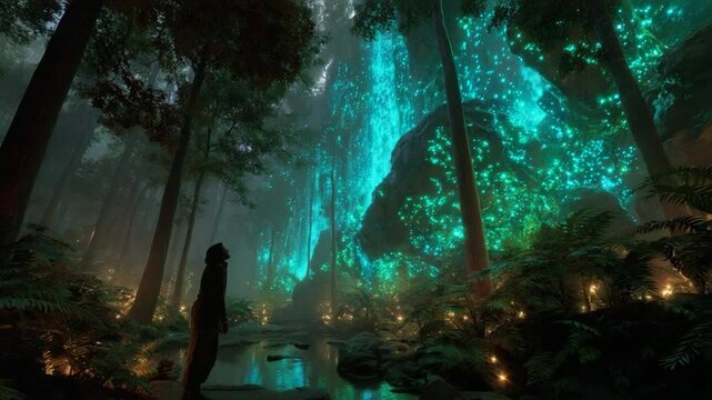 Mystical Glowworm Cave: Ethereal Forest with Bioluminescent Lights and Tranquil Reflections