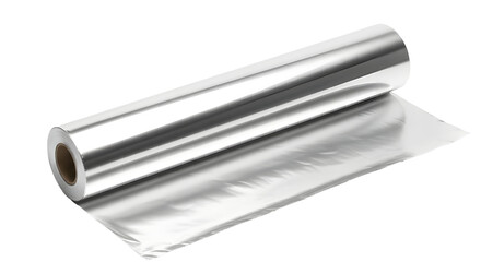 Roll of aluminum foil on a transparent background. The foil is shiny and crumpled at one end, showcasing its reflective surface and versatility in cooking and storage.