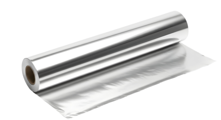 Roll of aluminum foil on a transparent background. The foil is shiny and crumpled at one end, showcasing its reflective surface and versatility in cooking and storage.