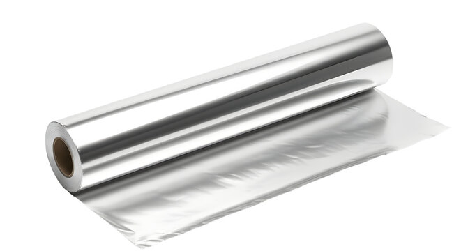 Roll of aluminum foil on a transparent background. The foil is shiny and crumpled at one end, showcasing its reflective surface and versatility in cooking and storage.