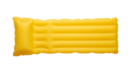 A bright yellow inflatable mattress with a headrest, designed for relaxation and leisure. It features multiple air chambers for comfort and support.