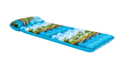 Inflatable pool mattress with a tropical design featuring palm trees and blue waves. The mattress is isolated on a transparent background.
