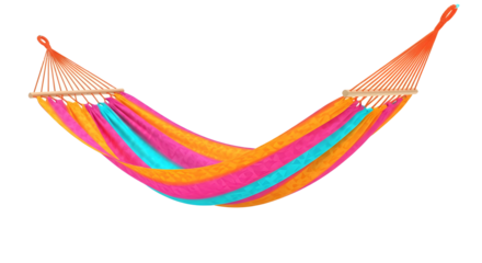 A colorful hammock with orange, pink, and blue stripes. It is suspended and has wooden supports at both ends. The background is transparent.