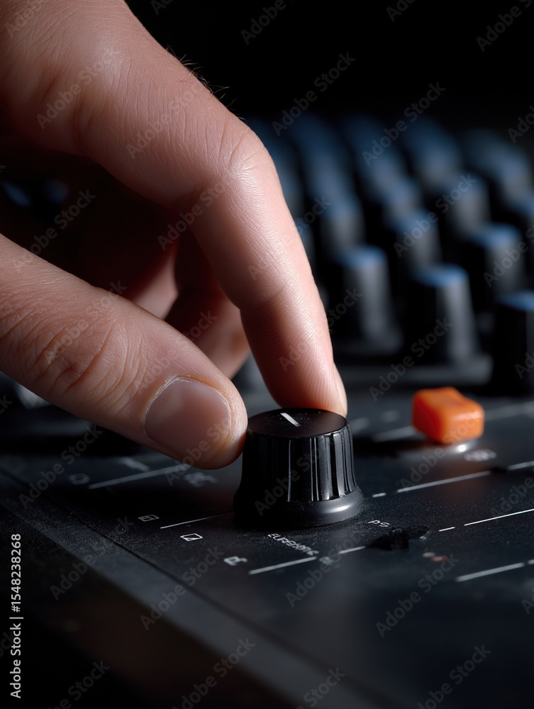 Aufkleber adjusting the audio levels on a professional sound mixing console during recording session