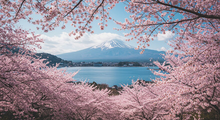 Cherry blossoms framing mount fuji and a lake under a blue sky in a serene japanese landscape view
