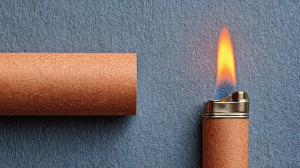 Lighter flame next to a rolled paper mockup on textured surface