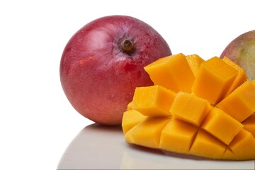 Ripe mango depicted with vibrant, cubed flesh alongside its whole fruit on a white background.