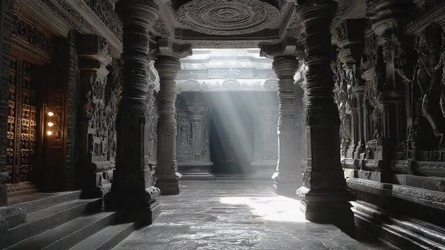 Mystical temple interior with sun rays shining through creating a serene ambiance