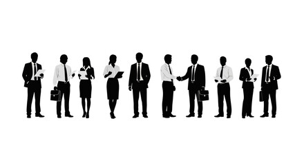 Adobe illustrator artwork vector illustration: A diverse group of business professionals, silhouetted in black, stand together holding documents and briefcases, symbolizing teamwork and collaboration