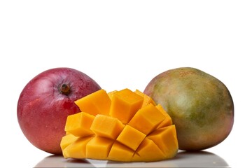 Ripe mango depicted with vibrant, cubed flesh alongside its whole fruit on a white background.