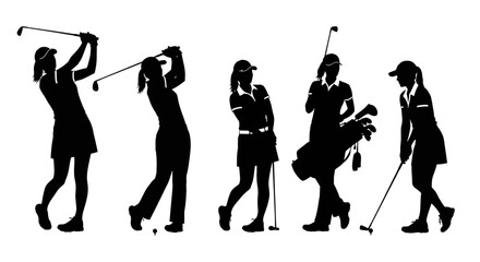 Adobe illustrator artwork vector illustration: A collection of black silhouette vector illustrations showing a female golfer in different positions of her swing