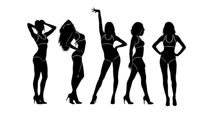 Adobe illustrator artwork vector illustration: Set of diverse female silhouettes in swimwear bikini and high heels stand in various stylish poses against a white background