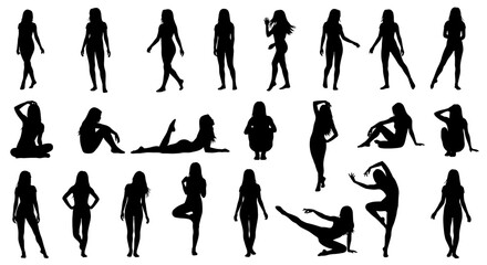 Adobe illustrator artwork vector illustration: A collection of diverse black silhouette vector illustrations of women in various poses, standing, sitting, lying down, and stretching