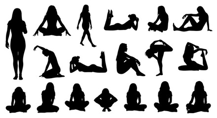 Adobe illustrator artwork vector illustration: A collection of diverse black silhouette vector illustrations of women in various poses, standing, sitting, lying down, and stretching