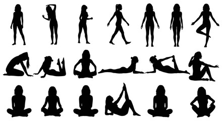 Adobe illustrator artwork vector illustration: A collection of diverse black silhouette vector illustrations of women in various poses, standing, sitting, lying down, and stretching