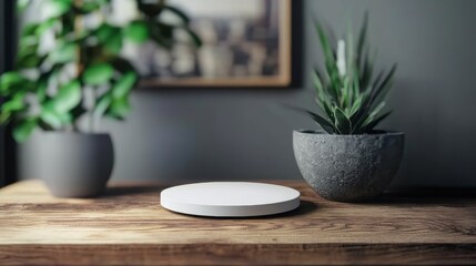 Minimal stoneware dishes and potted plant on wooden table rustic home decor aesthetic modern lifestyle scene