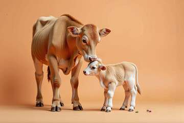 A cow and calf standing together against a warm peach background.