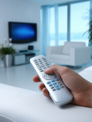 Living room scene with remote control focusing on relaxation and entertainment